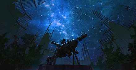 Anime-style HD fantasy night scene featuring a detailed observatory telescope under a vibrant galaxy filled with stars and constellations, creating a striking PC desktop wallpaper.