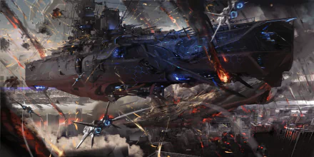 Sci-fi battle scene with spaceships, warships, and jet fighters engaged in a warzone. Explosions and laser fire emphasize the intensity. HD desktop wallpaper and background.