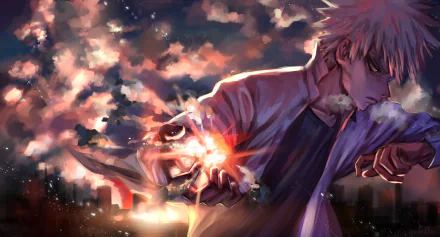 A dramatic HD desktop wallpaper featuring Katsuki Bakugou from My Hero Academia. The artwork showcases Bakugou with an intense expression, set against a vibrant, colorful sky background.
