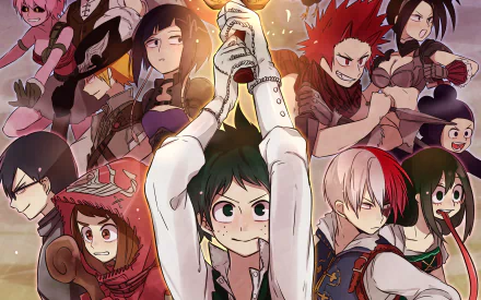 HD PC desktop wallpaper featuring Denki Kaminari, Kyōka Jirō, Tsuyu Asui, Momo Yaoyorozu, Shoto Todoroki, Minoru Mineta, Tenya Iida, Ochaco Uraraka, Eijiro Kirishima, and Izuku Midoriya from My Hero Academia.