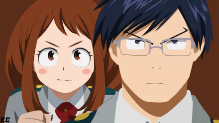 HD PC desktop wallpaper of Ochaco Uraraka and Tenya Iida from My Hero Academia, close-up with determined expressions in their school uniforms.