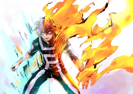 HD desktop wallpaper featuring Shoto Todoroki from My Hero Academia, with one side of his body emitting ice and the other side engulfed in flames.