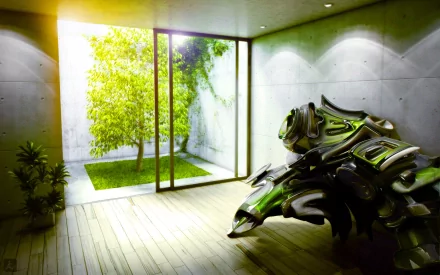 HD desktop wallpaper featuring an abstract, artistic green sculpture in a minimalist room with natural light and a vibrant green garden outside.