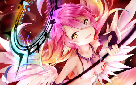 HD desktop wallpaper featuring Jibril from the anime No Game No Life. The vibrant image showcases Jibril with her signature pink hair, white wings, and captivating expression.