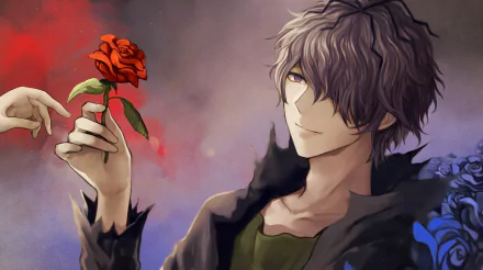 HD PC desktop wallpaper from the video game Ib (2012): anime young man with tousled hair and dark coat holding a red rose against a moody purple-red background.