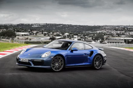 Blue Porsche 911 Turbo coupe parked on a race track with a cityscape in the background, captured in high-definition for a PC desktop wallpaper.