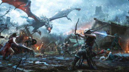 A high-definition fantasy battlefield scene from The Elder Scrolls series with warriors, an archer, a wizard, and a dragon amidst a snowy village under attack.