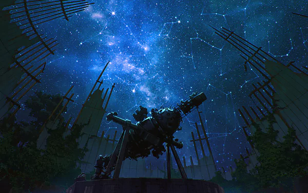 Anime-style HD fantasy night scene featuring a detailed observatory telescope under a vibrant galaxy filled with stars and constellations, creating a striking PC desktop wallpaper.