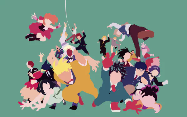 8K Ultra HD anime wallpaper showcasing characters from My Hero Academia in dynamic poses on a PC desktop background.