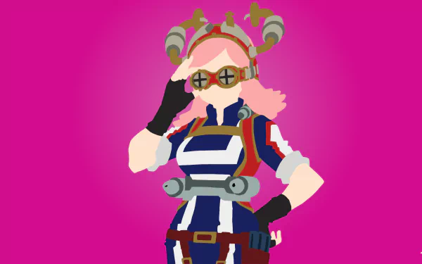 HD PC desktop wallpaper featuring Mei Hatsume from the anime My Hero Academia, depicted with her signature goggles and pink hair against a vibrant magenta background.