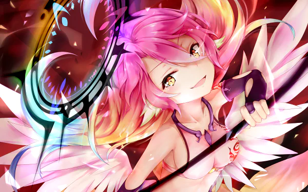 HD desktop wallpaper featuring Jibril from the anime No Game No Life. The vibrant image showcases Jibril with her signature pink hair, white wings, and captivating expression.