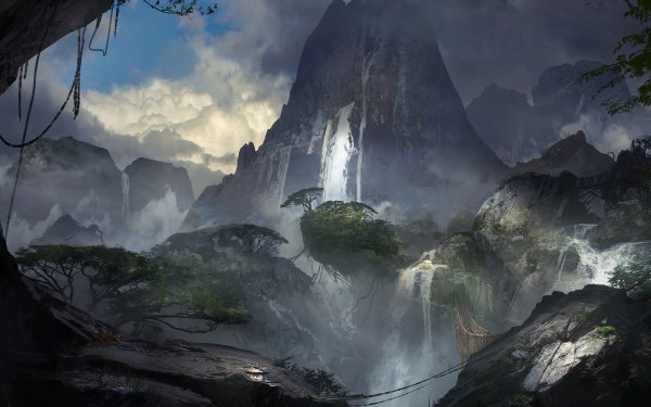 Fantasy Landscape Waterfall Mountain Tree Water River Sky Cloud HD Wallpaper | Background Image
