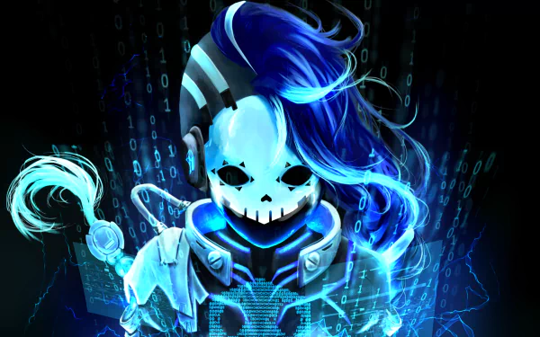 HD desktop wallpaper of Sombra from the video game Overwatch, featuring her with vibrant blue hair and digital effects in the background.