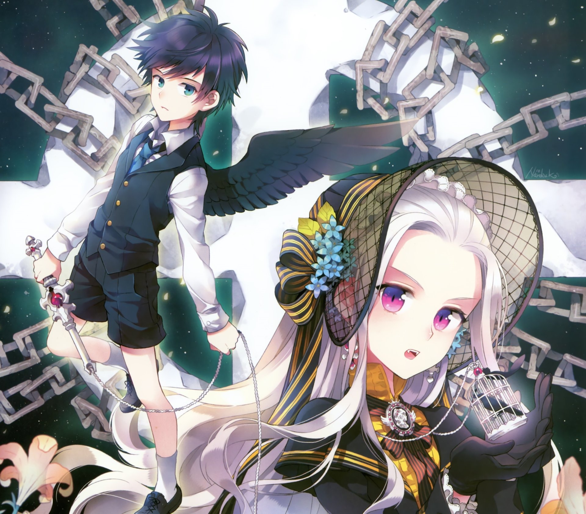 Download Birdcage White Hair Blue Eyes Purple Eyes Glove Bow (Clothing) Flower Chain Black Hair Short Hair Long Hair Whip Wings Anime Original HD Wallpaper by Nardack