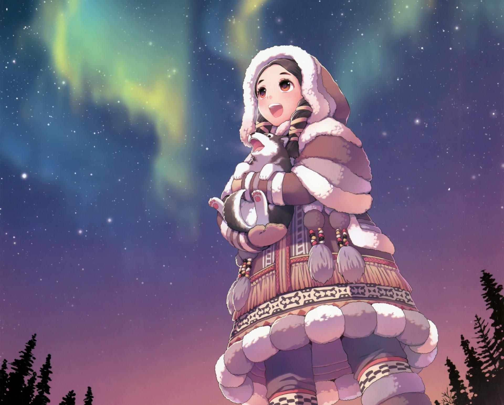 Anime artwork featuring a smiling character with black hair and brown eyes, holding a puppy under the aurora borealis. The character wears a detailed, fur-trimmed coat, with stars in the night sky as the backdrop.