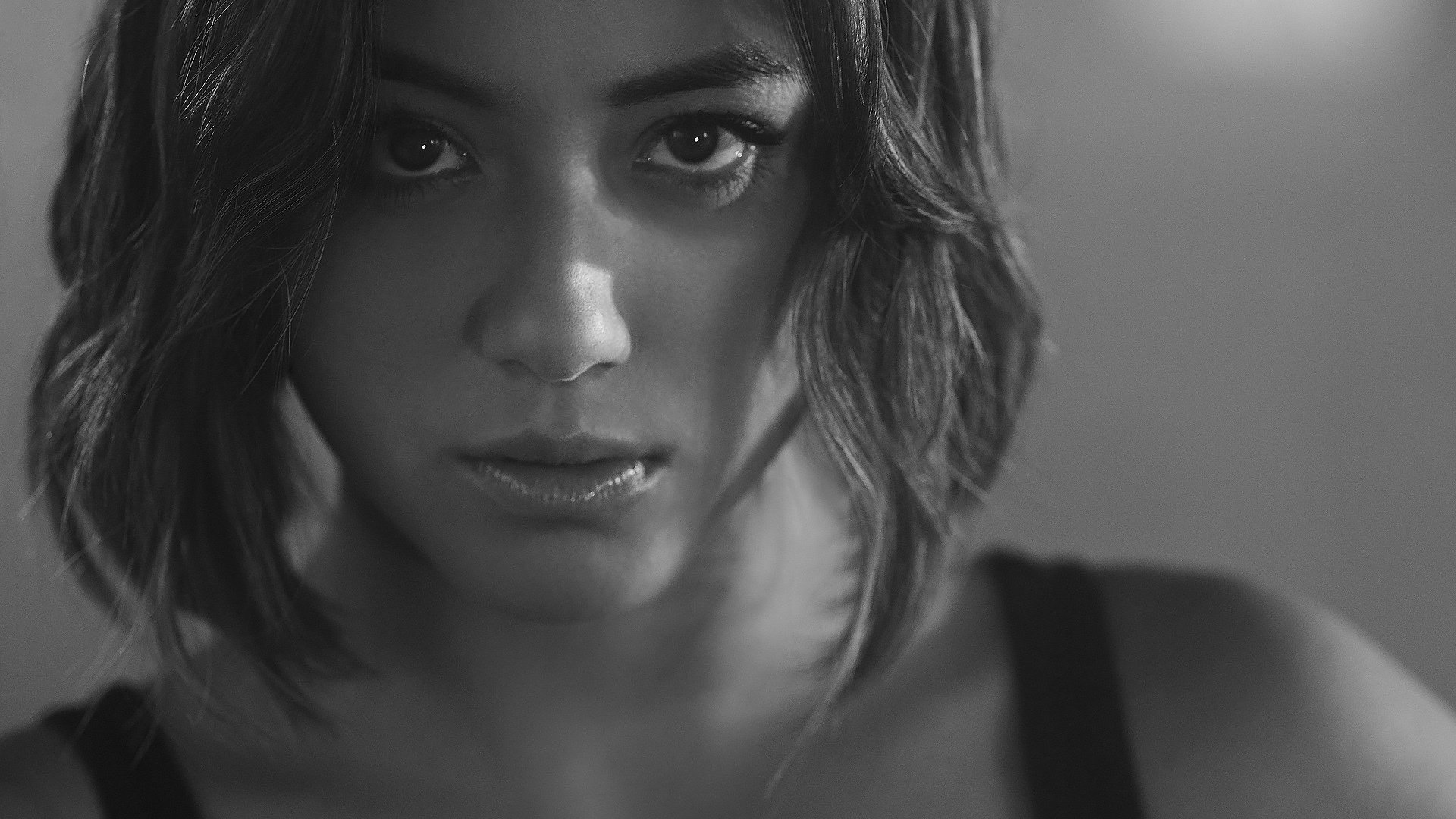 HD PC desktop wallpaper featuring a close-up black-and-white portrait of a character from the TV show Agents of S.H.I.E.L.D.