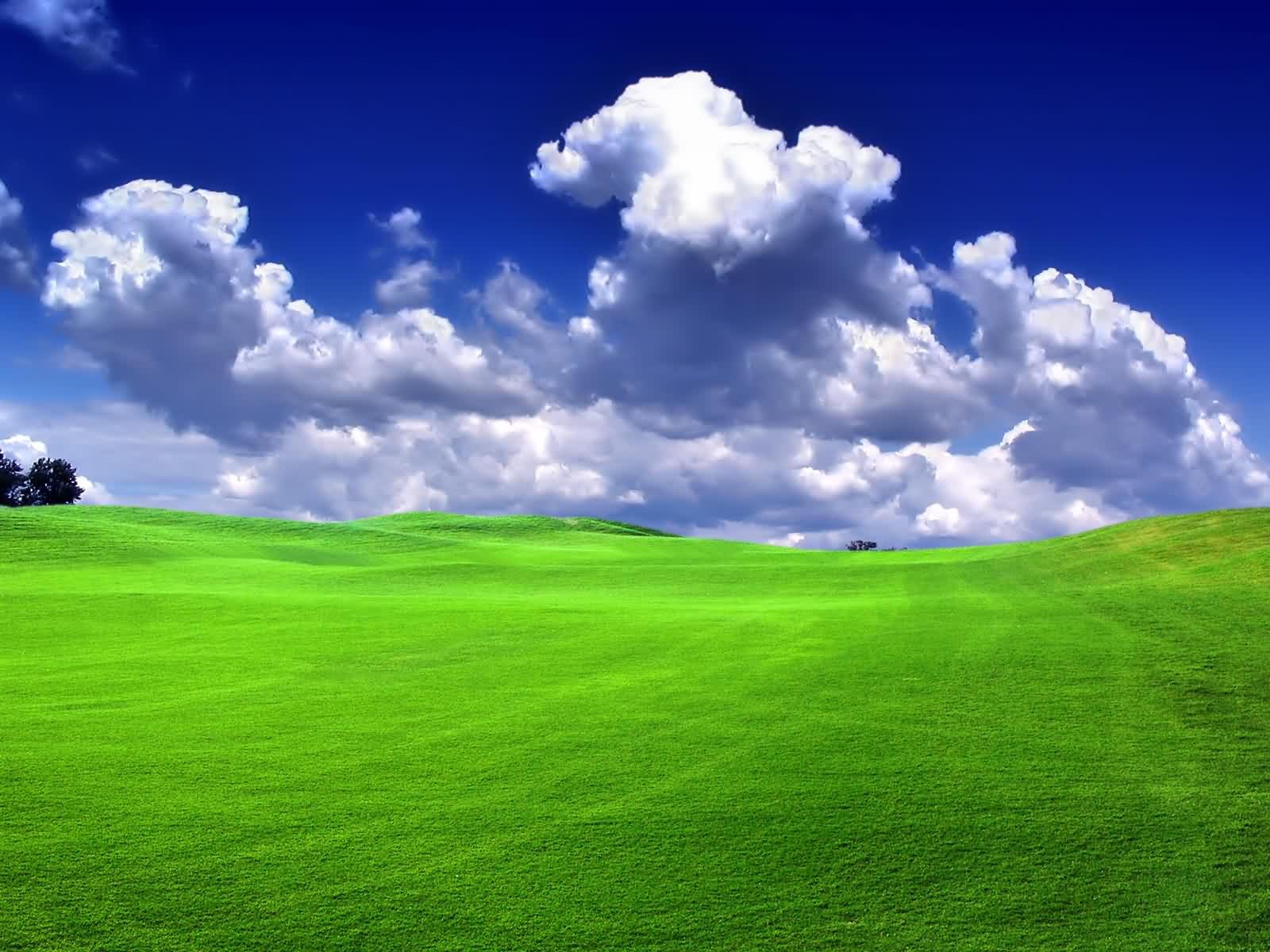 HD PC desktop wallpaper: vivid green rolling field beneath dramatic white clouds and a deep blue sky.