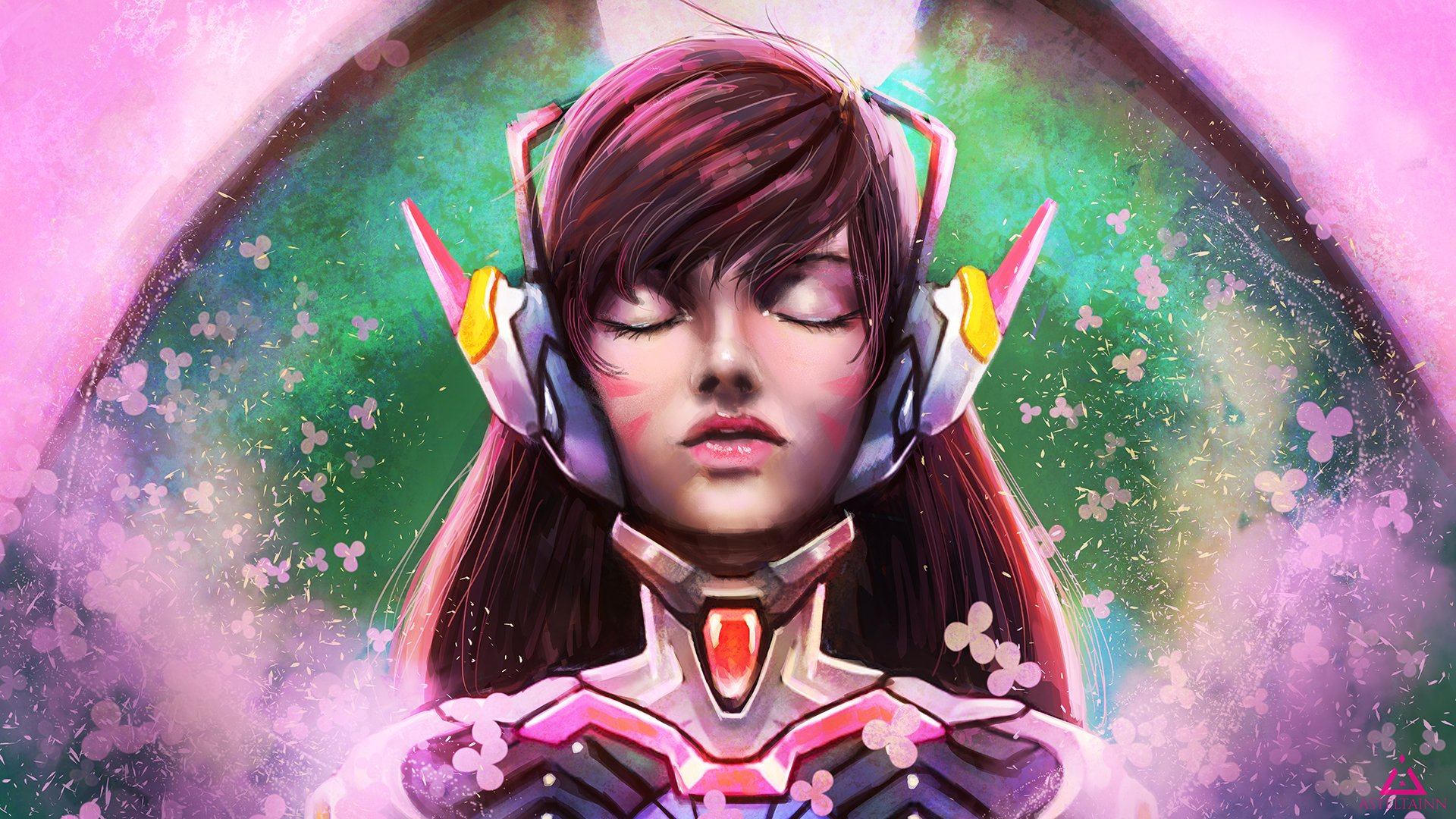 HD PC desktop wallpaper of D.Va from the Overwatch video game: brown hair, eyes closed, wearing her headset and mech-suit collar against a pastel, floral nebula background.