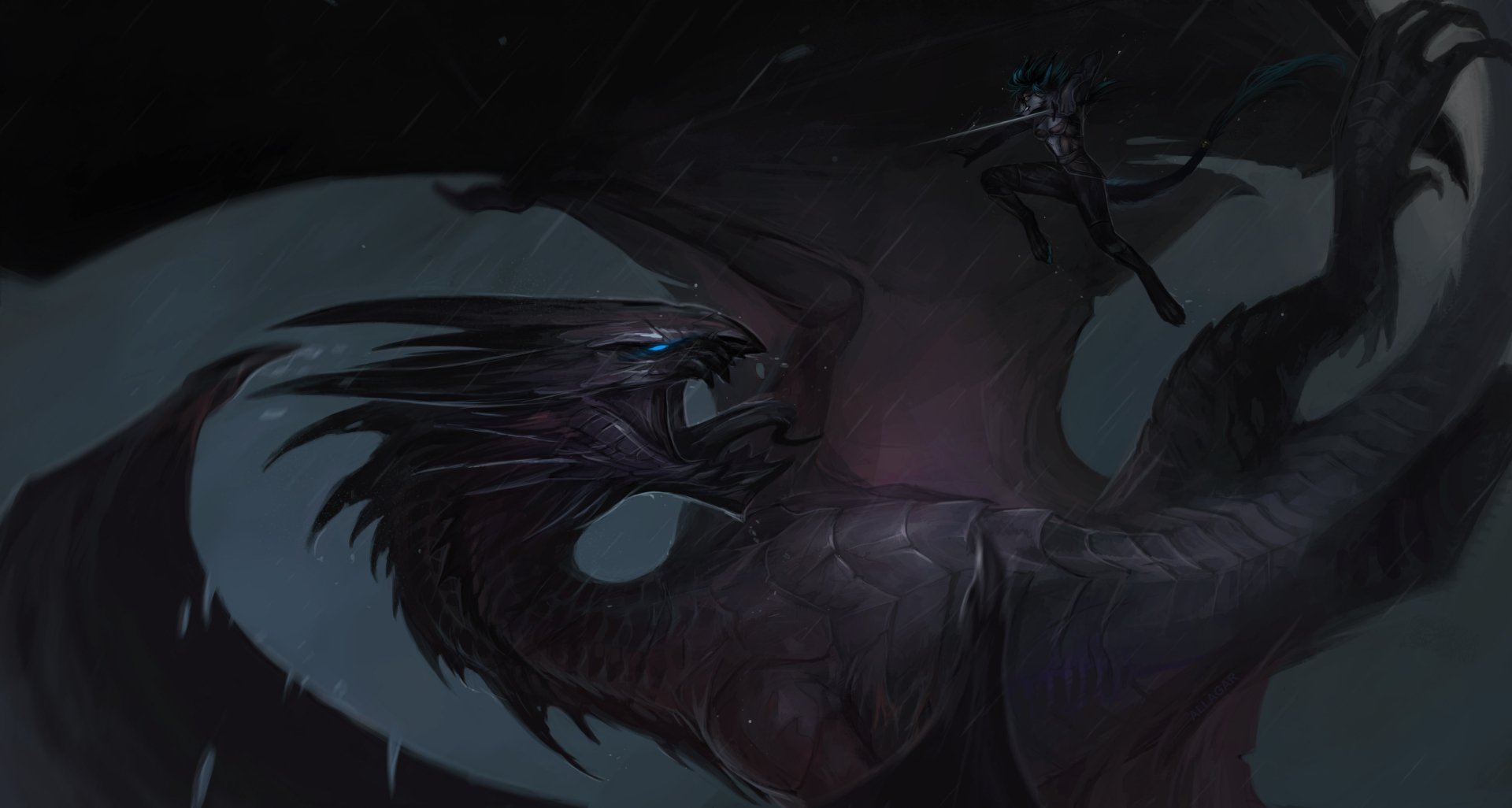 A woman warrior brandishes a sword, poised to fight a massive dragon-like creature in this dark, detailed 4K Ultra HD fantasy desktop wallpaper.