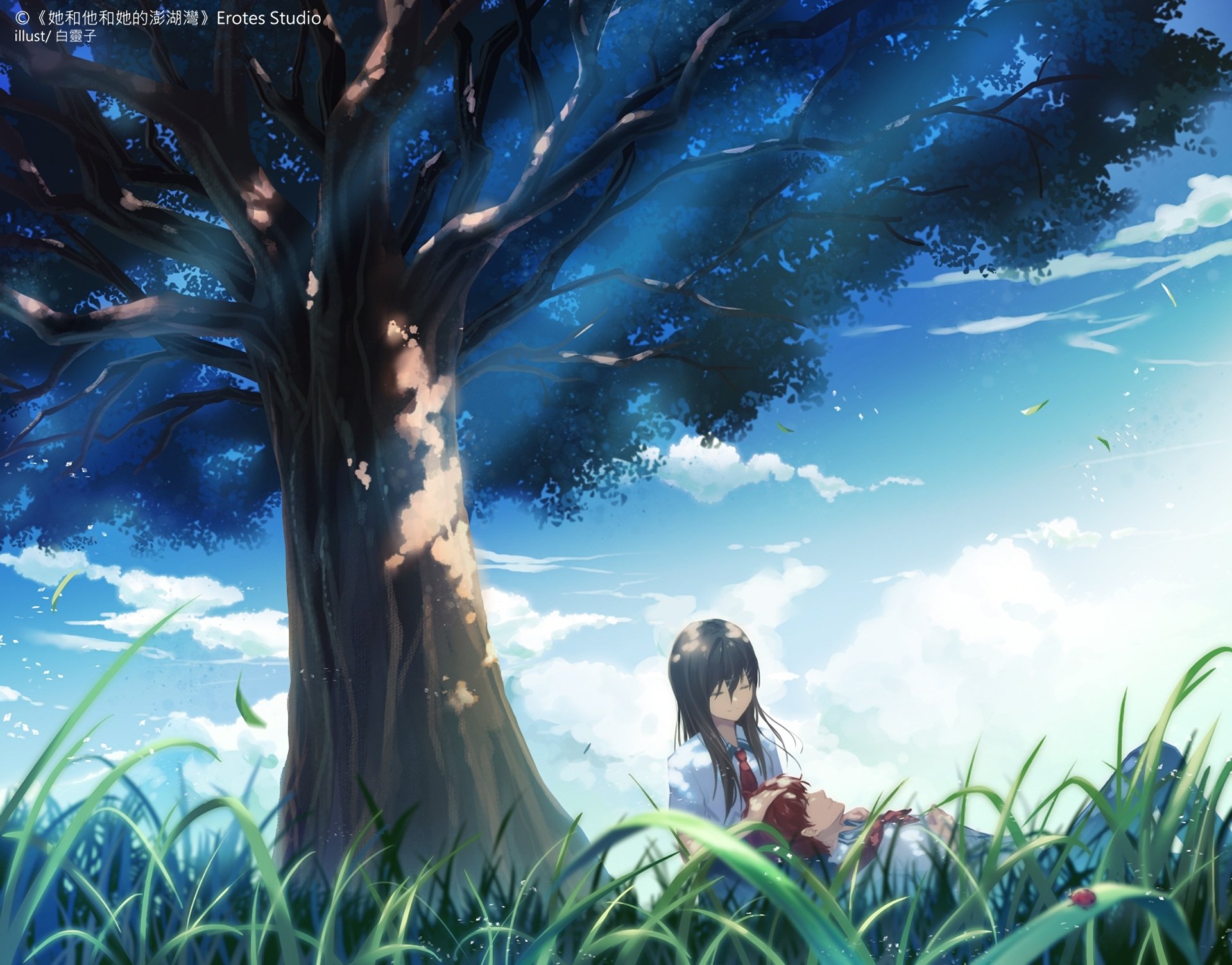 Anime Blue Blood Lagoon HD PC desktop wallpaper: schoolgirl in uniform sits beneath a sprawling tree amid tall grass under a clear blue sky.