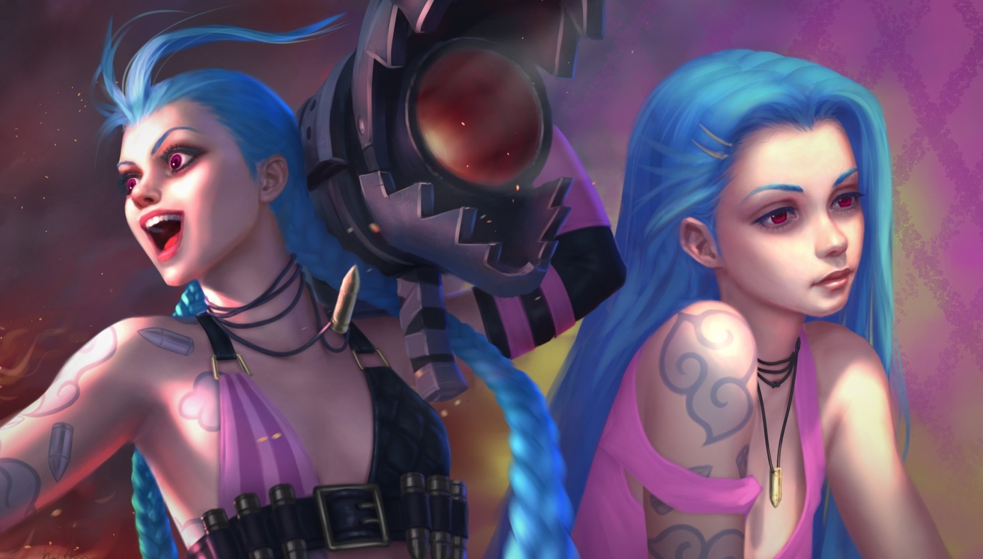 Download Red Eyes Tattoo Blue Hair Long Hair Braid (Video Game) Weapon Woman Warrior Jinx (League Of Legends) Video Game League Of Legends HD Wallpaper by Apegrixs