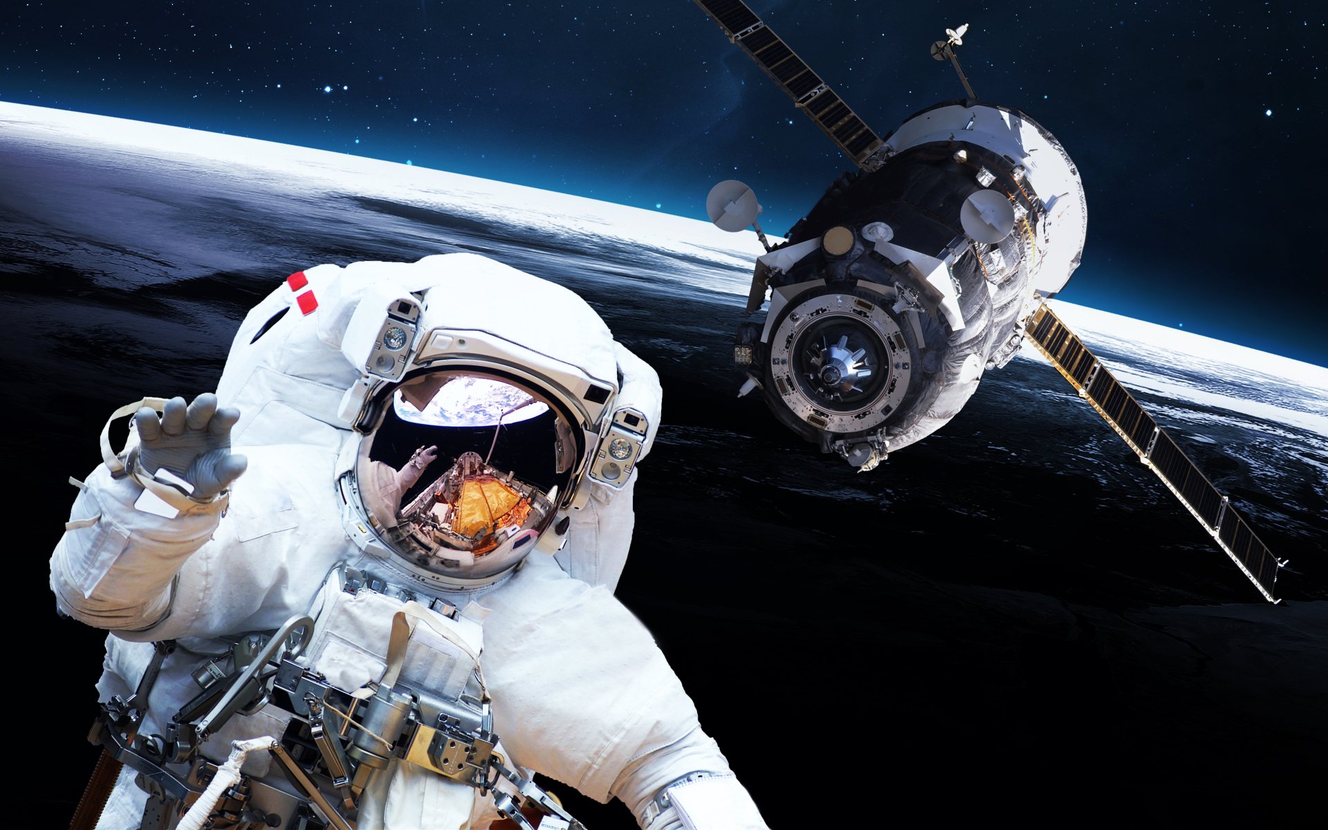 4K Ultra HD wallpaper of an astronaut floating in space near a satellite, with a view of Earth and cosmos filled with stars in the background.