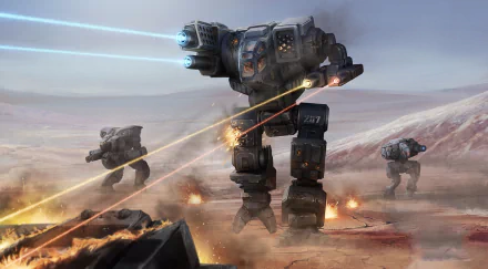 Futuristic Battletech robots engage in a desert battle, firing lasers amid explosions, captured in a high-definition video game wallpaper background.