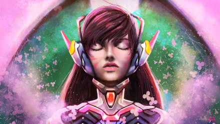 HD PC desktop wallpaper of D.Va from the Overwatch video game: brown hair, eyes closed, wearing her headset and mech-suit collar against a pastel, floral nebula background.
