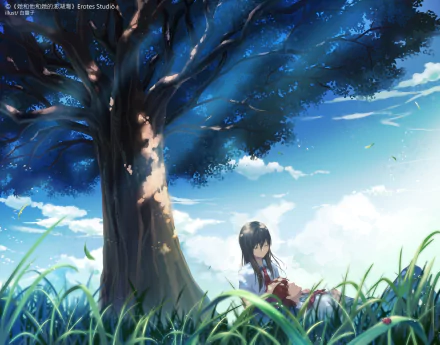 Anime Blue Blood Lagoon HD PC desktop wallpaper: schoolgirl in uniform sits beneath a sprawling tree amid tall grass under a clear blue sky.