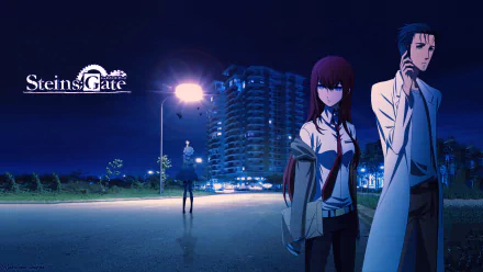 HD desktop wallpaper featuring characters from the anime Steins;Gate. The scene shows a dark, nighttime cityscape with prominent characters standing by a lit street.