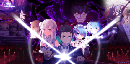 HD anime wallpaper featuring main characters from Re:Zero - Starting Life in Another World, with intense expressions and glowing swords against a dark, ominous background.