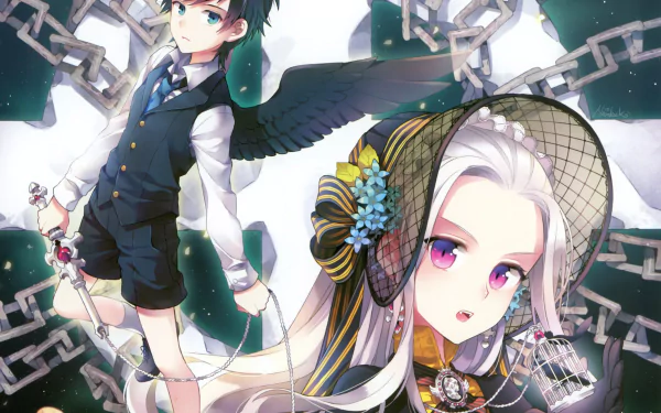 birdcage white hair blue eyes purple eyes glove bow (Clothing) flower chain black hair short hair long hair whip wings Anime Original HD Desktop Wallpaper | Background Image