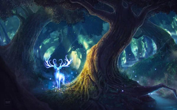 HD desktop wallpaper featuring a magical, glowing deer-like spirit creature in an enchanting, misty forest. The atmosphere is a mix of surreal and tranquil, embodying a fantasy realm.