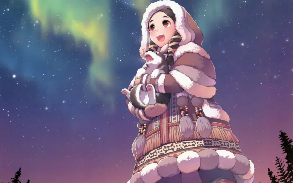 Anime artwork featuring a smiling character with black hair and brown eyes, holding a puppy under the aurora borealis. The character wears a detailed, fur-trimmed coat, with stars in the night sky as the backdrop.