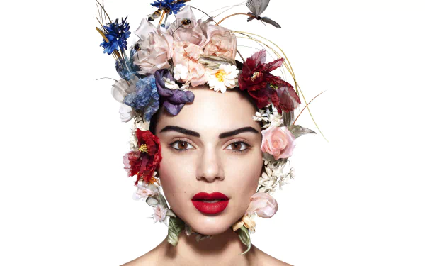 Close-up of American model Kendall Jenner with brown eyes and bold lipstick, adorned with a colorful flower wreath, captured in 4K Ultra HD for a desktop wallpaper.