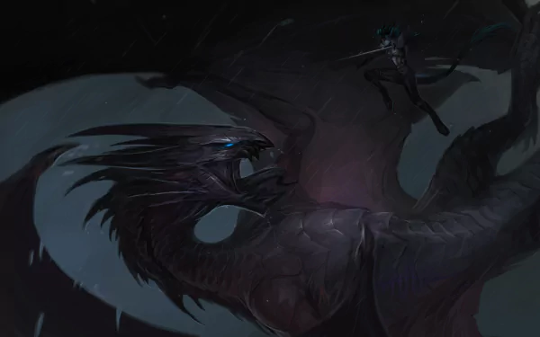 A woman warrior brandishes a sword, poised to fight a massive dragon-like creature in this dark, detailed 4K Ultra HD fantasy desktop wallpaper.