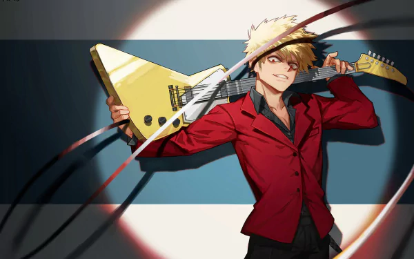 HD desktop wallpaper of Katsuki Bakugou from My Hero Academia, featuring him in a dynamic pose with a guitar, against a striped background.