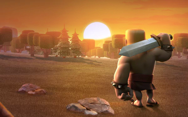 A hulking character holding a sword stands in a serene field facing a village at sunset. HD desktop wallpaper and background from the video game Clash of Clans.