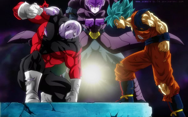 HD desktop wallpaper of Hit, Jiren, and Goku from Dragon Ball Super, featuring intense battle stances with a glowing background.