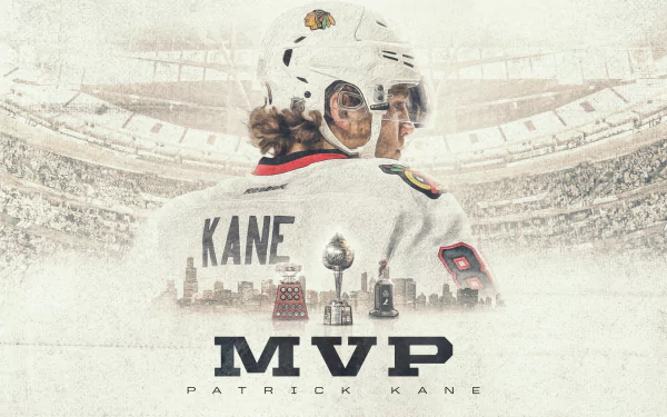 HD desktop wallpaper featuring Patrick Kane in a hockey uniform with KANE MVP text, suitable as a background.
