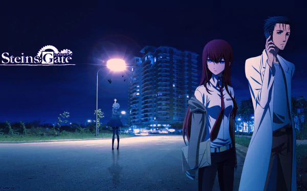 HD desktop wallpaper featuring characters from the anime Steins;Gate. The scene shows a dark, nighttime cityscape with prominent characters standing by a lit street.