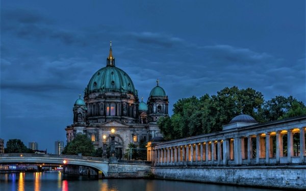 Religious Berlin Cathedral Cathedrals City Berlin River Bridge Night Twilight Dusk Dome HD Wallpaper | Background Image