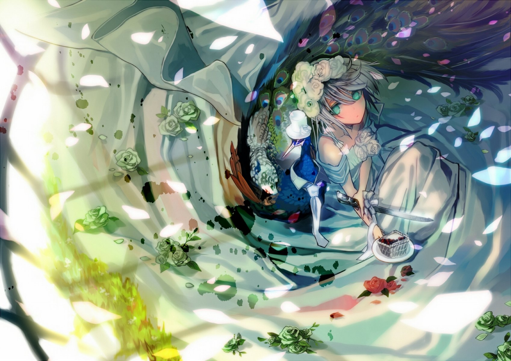 Download White Hair Weapon Petal Green Eyes Flower Dress Bird Anime ...