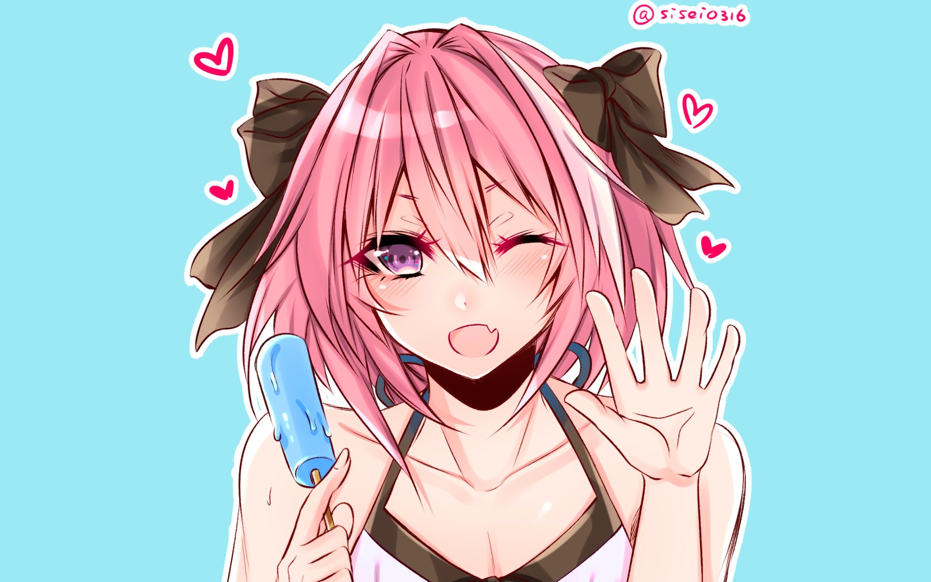 Rider of Black (Fate/Apocrypha) anime 2K Quad HD desktop wallpaper: pink-haired Rider winks and waves, holding a blue popsicle, brown hairbows and hearts on a bright turquoise background.