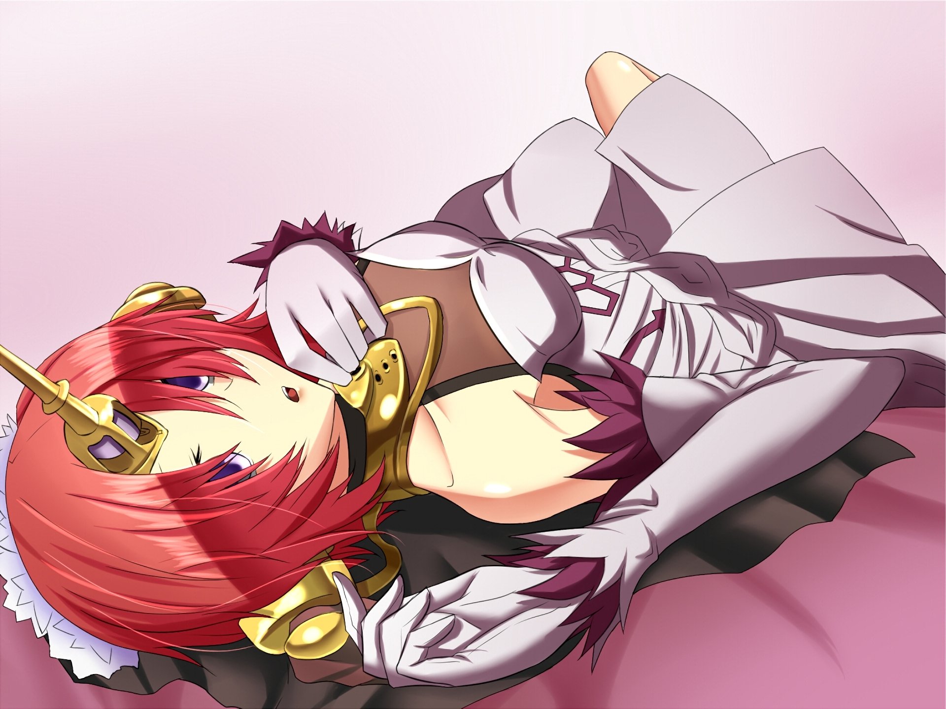 Berserker of Black (Fate/Apocrypha) anime HD PC desktop wallpaper: reclining red-haired warrior in maid-like outfit with horned headpiece on a pink background.
