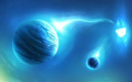 Sci-fi 2K Quad HD PC desktop wallpaper: glowing blue gas giant and smaller planet connected by a luminous energy stream over a starry nebula.