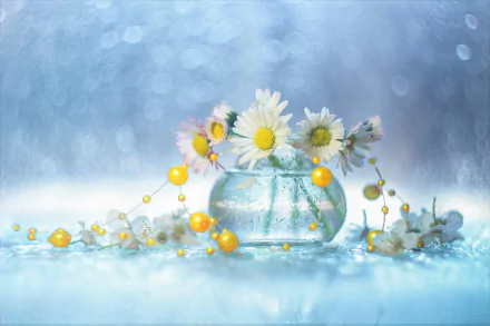 A HD PC desktop wallpaper featuring white camomile flowers in a glass vase with raindrops, set against a soft blue bokeh background.
