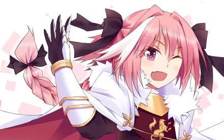 HD desktop wallpaper featuring Rider of Black from Fate/Apocrypha. The anime character is smiling and winking with pink hair and a braided ponytail, adorned with black ribbons and wearing a white cape.