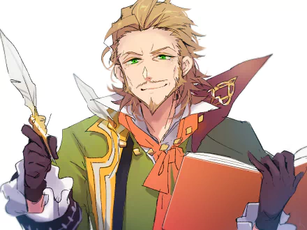 HD PC desktop wallpaper featuring Caster of Red from the anime Fate/Apocrypha, showcasing him holding an open book with a confident expression.