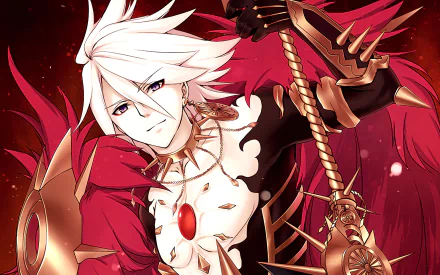 HD PC desktop wallpaper featuring Lancer of Red from Fate/Apocrypha in a dynamic pose with red and black tones, highlighting the anime's signature style.
